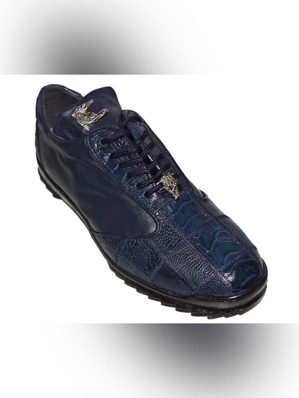 Scarpa Navy Croc-Texture Leather Sneaker with Metal Crest